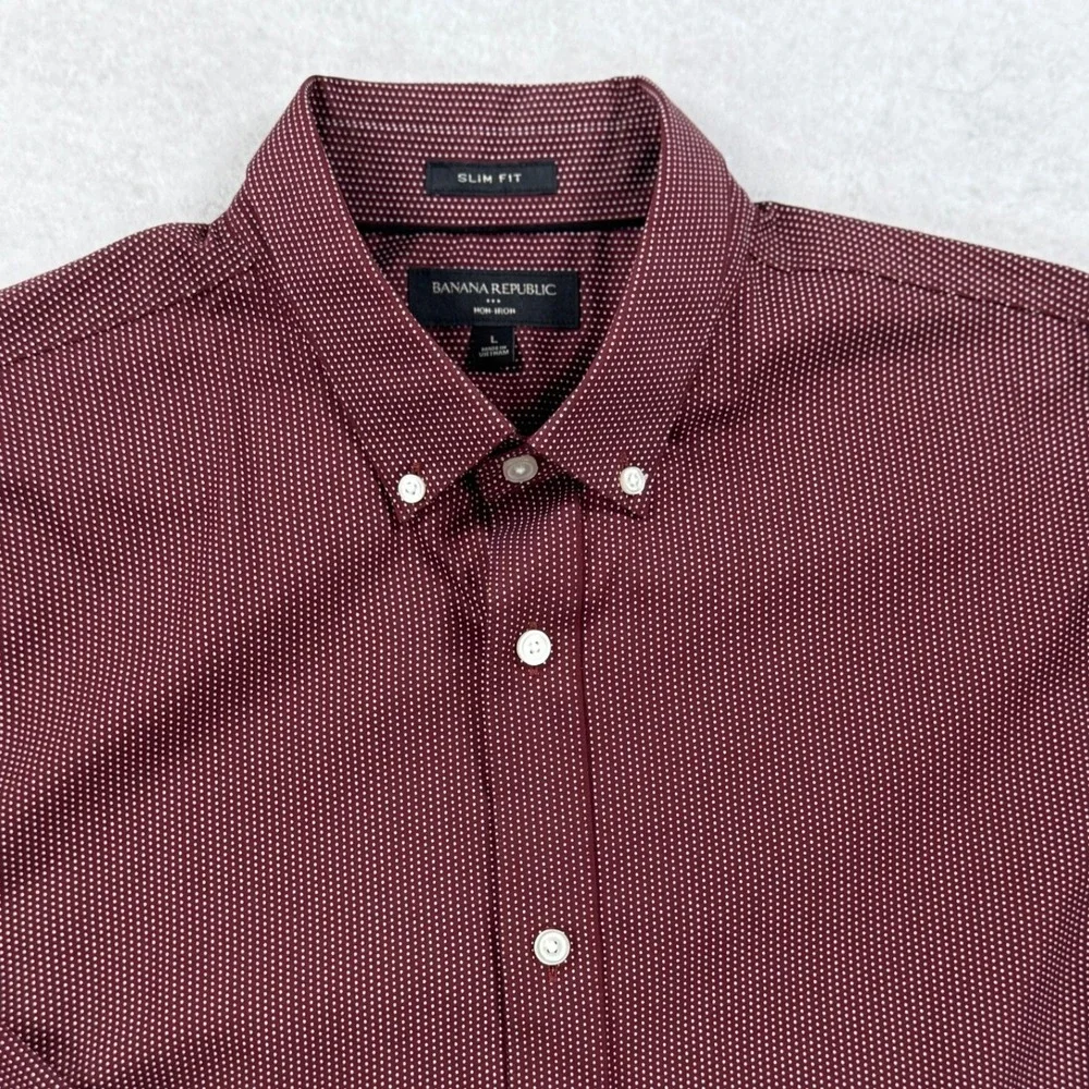 Banana Republic Mens Slim Fit Non-Iron Dress Shirt Burgundy Micro Dot Large L
